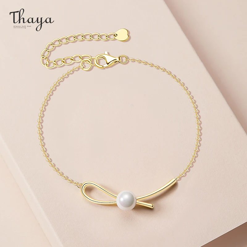 

Thaya 100% 925 Silver Pearl Knot Bracelet Plated 14K Gold Natural Freshwater Pearl Bangle Chain Dainty For Women Fine Jewelry