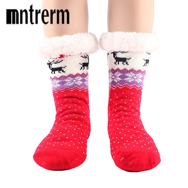 Mntrerm/женские домашние носки с нейлоновой подкладкой; двухслойные домашние носки с оленем; брендовые теплые зимние мягкие носки-тапочки на Рождество - Цвет: Бургундия