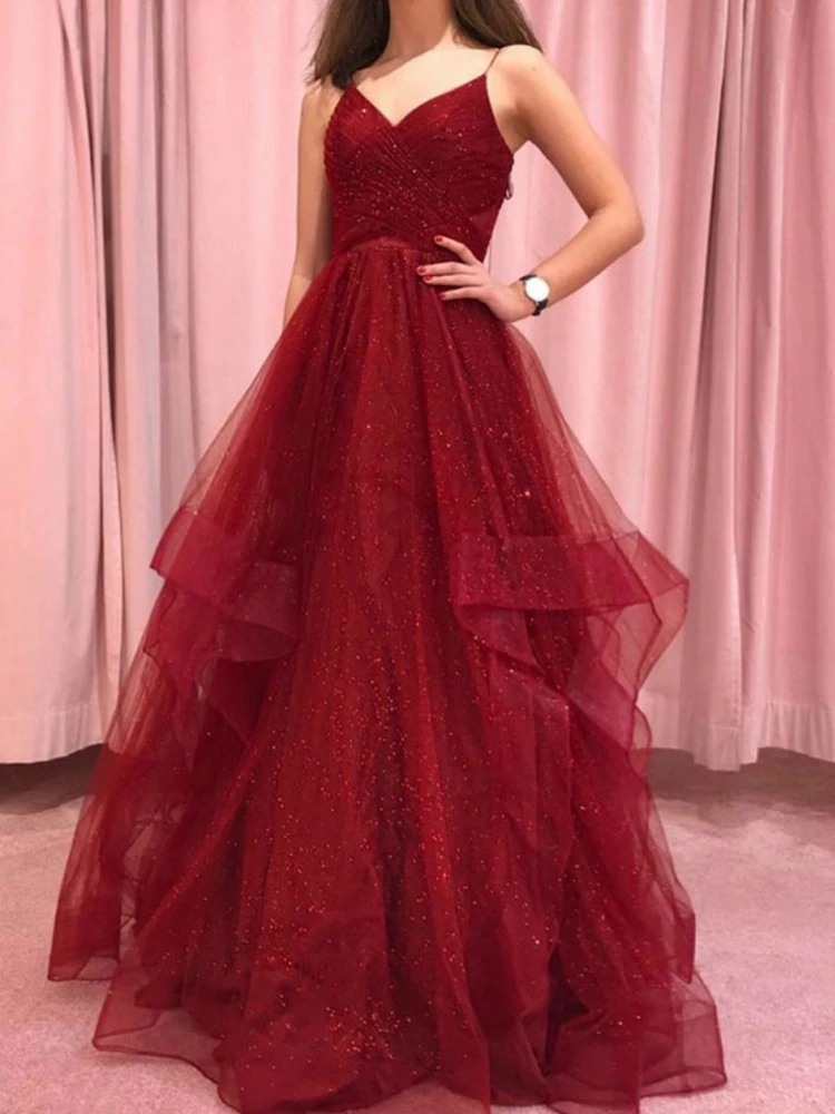 burgundy Многоярусные Выпускные платья Длинные VKbridal сверкающие трапециевидные бордовые тюлевые на бретельках с блестками вечерние платья - Цвет: burgundy