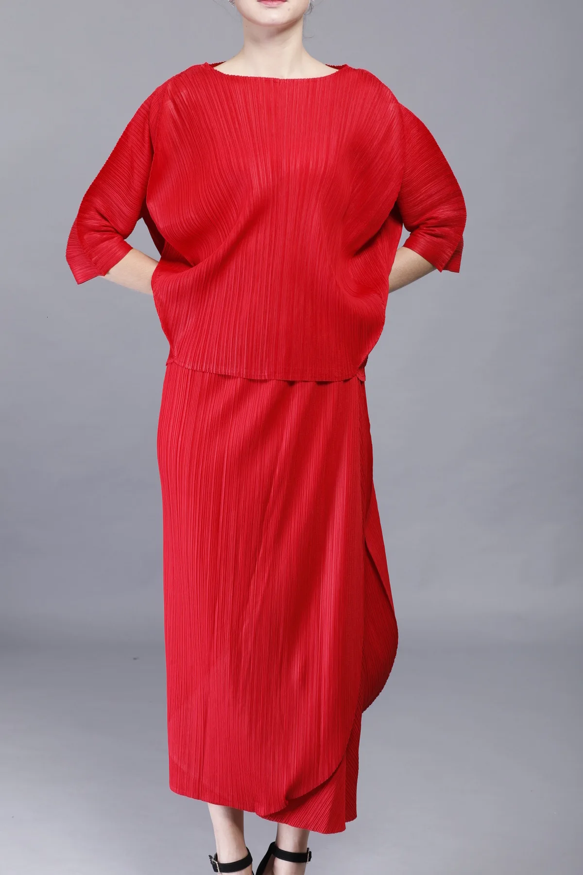 LANMREM/2019 новая весенняя модная плиссированная одежда свободные топы с рукавами «летучая мышь» + стандартная юбка с высокой талией комплект