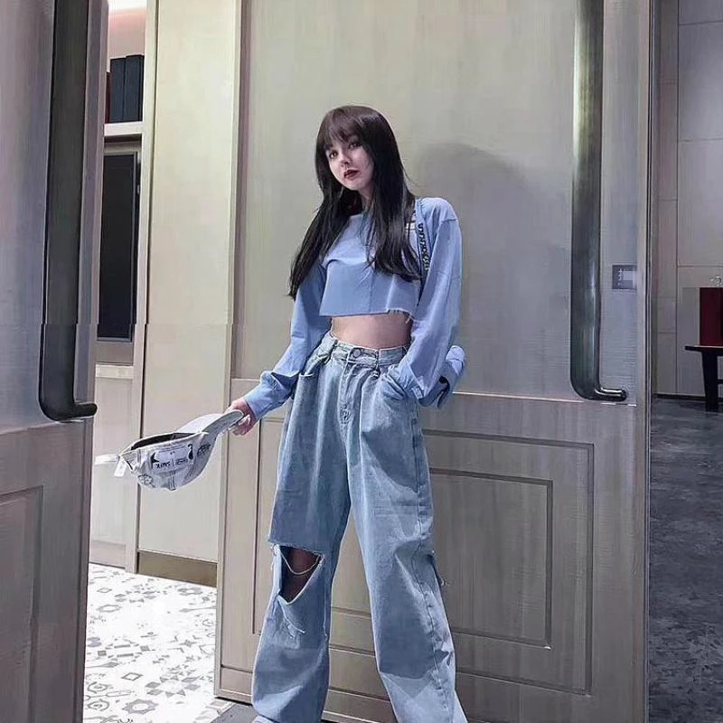 Jeans Women Vintage Hole Wide Leg 