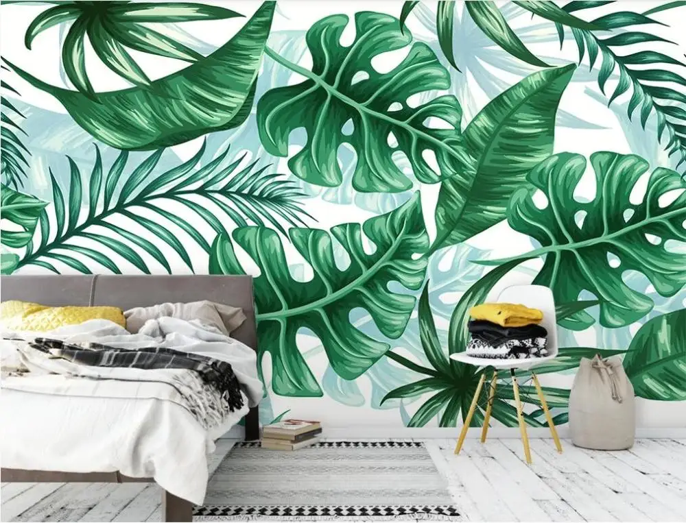 

Customized large murals / wallpapers / modern minimalist hand-painted tropical plants leaves background wall covering