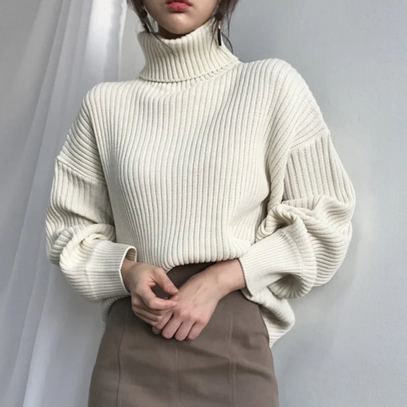 creamy-white Женский корейский Однотонный свитер с высоким воротом, офисный осенне-зимний Повседневный Свободный пуловер, женские обычные свитера с длинным рукавом - Цвет: creamy-white