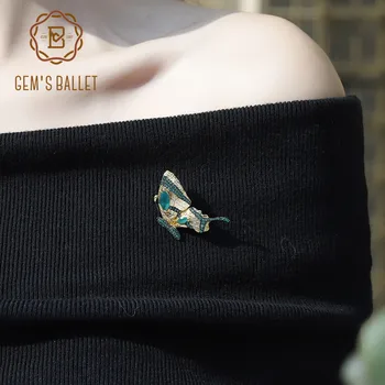 

GEM'S BALLET 1.5Ct Natural Green Agate Brooch 925 Sterling Silver Handmade Golden Butterfly Pendant For Women Party Fine Jewelry