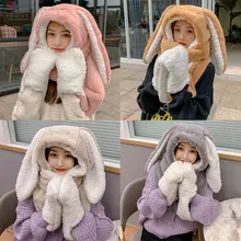 Rabbit Ear Siamese Warm Scarf Hat Glove 3 Piece Comfortable Three-piece Suit Hooded Scarf Solid Color Simplicity Soft Glove