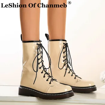 

Size 34-43 Women's Popular Lace up Combat Boots Woman Ladies Round Toe Platform Pink Nude Military Boots Cross Tied Shoes Winter