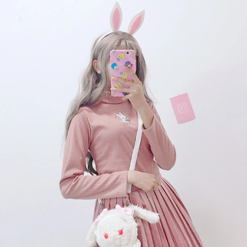 Корейская Милая женская белая футболка с кроликом Harajuku Kawaii Bunny вязаные топы для