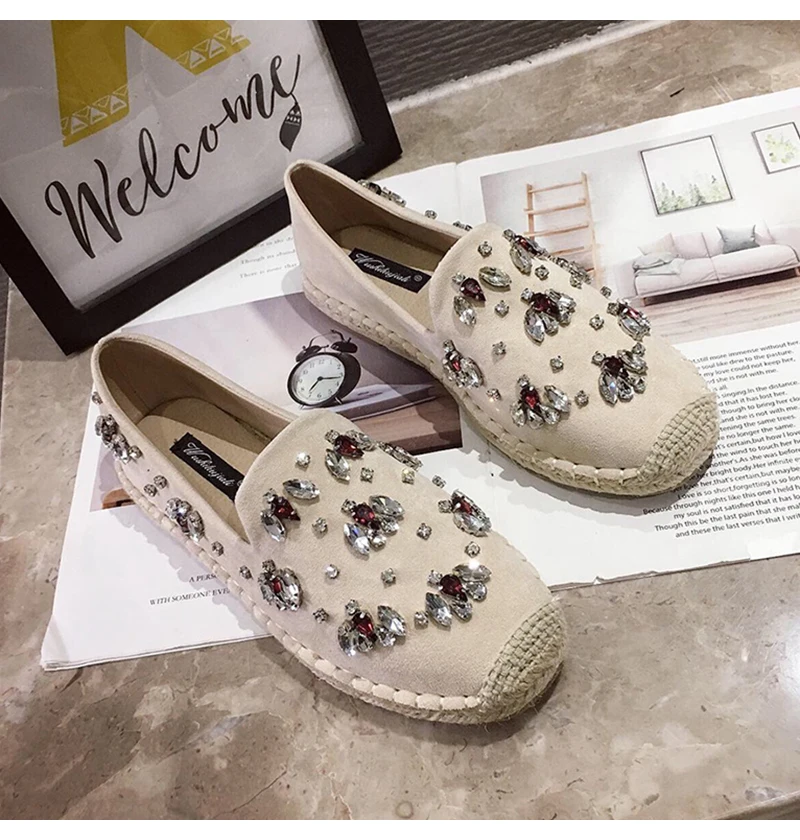 Лоферы без застежки Для женщин Espadrilles; замшевая обувь из пенькового волокна текстильной Стразы Аппликации женские весенние Мокасины женские рыбацкие ботинки женщина