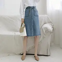 Джинсовые юбки faldas mujer moda 2019 летняя Корейская прямая юбка Женская бандажная миди Повседневная элегантная облегающая юбка женская femme