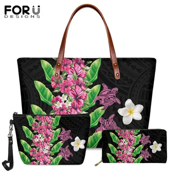

FORUDESIGNS 3set/pcs Luxury Ladies Large Capacity Shoulder Bag Polynesian Tortoise Tattoo Plumeria Long PU Wallet Fashion Totes