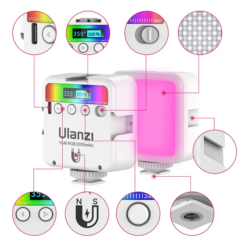 Ulanzi VL49 RGB Camera Light LED Video 2500K-9000K 800LUX Magnetic Mini Fill Light 3 Cold Shoe 2000mAh Type-C for Youtube