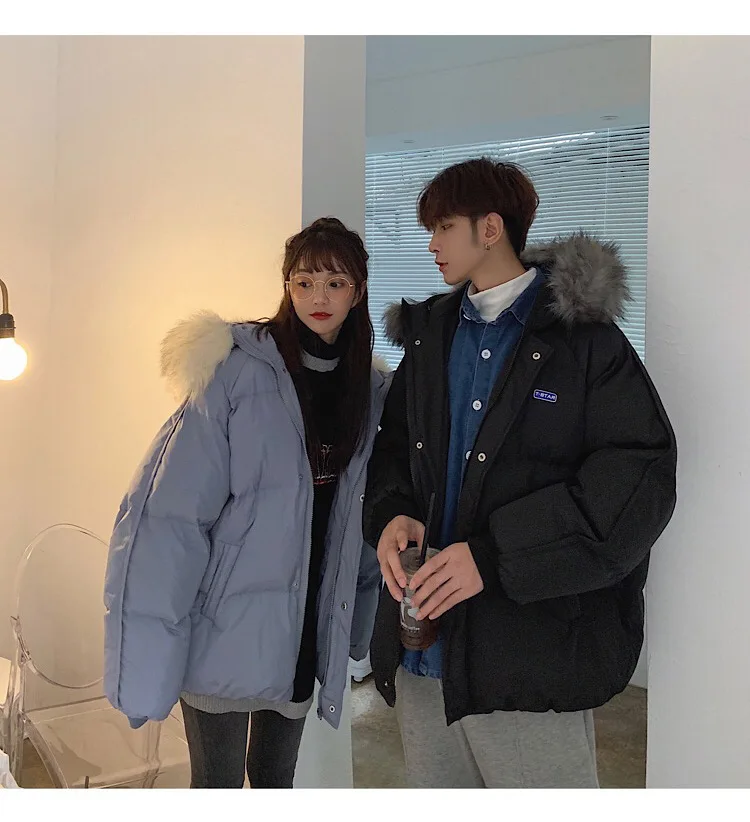 Couple Clothes Winter New Style Cotton-padded Clothes Winter down Coat Hooded Large Fur Collar Coat Men's INS Super Fire Trend C
