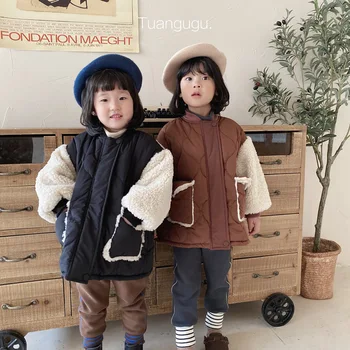 

Winter Korean Children's Stitched Thick Cotton Jacket Boys and Girls' Woolen Cotton Clothing Coats Lamb Wool Sleeve Kids Jacket