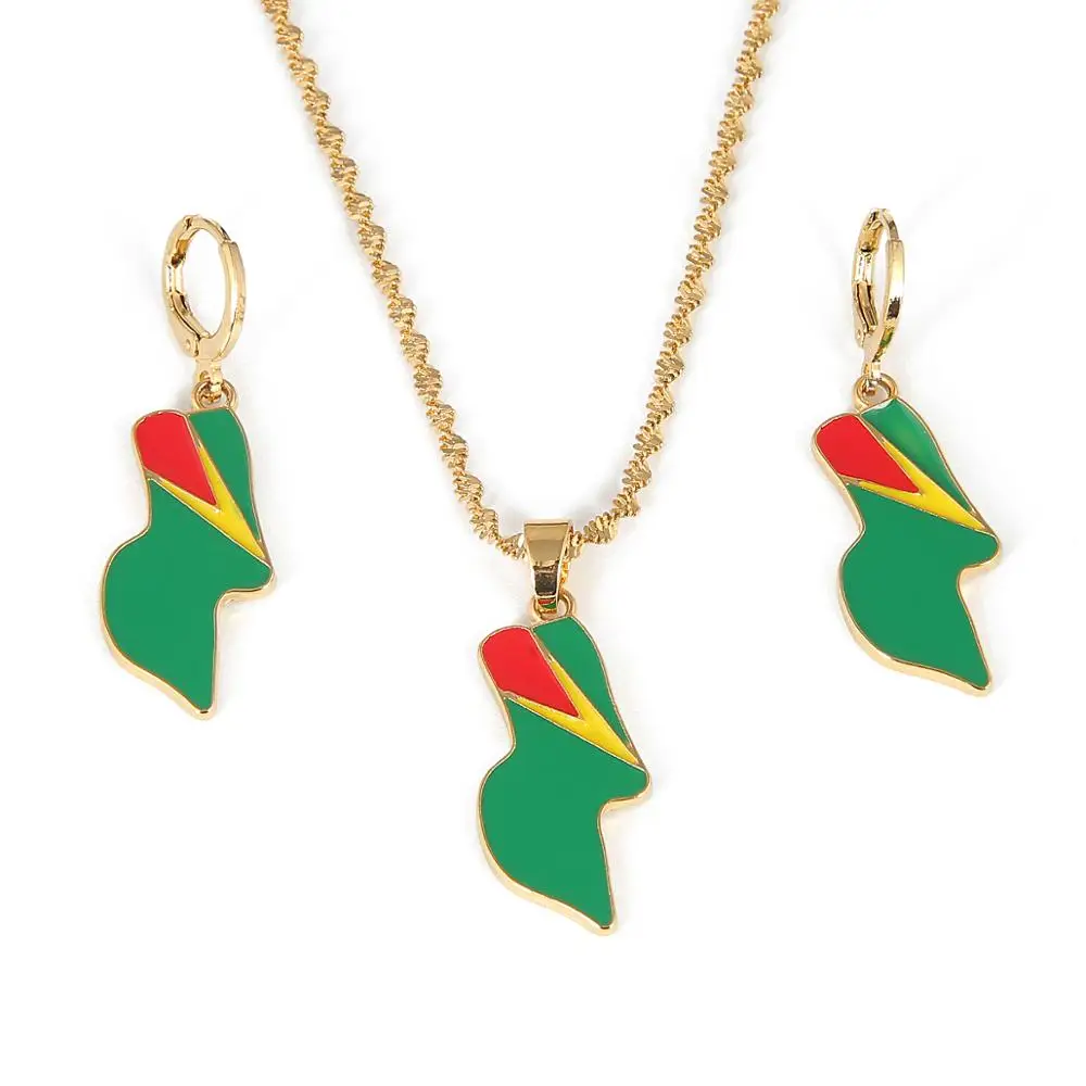 Stainless Steel Flag Of Guyana Pendant Necklace Earrings Women Men