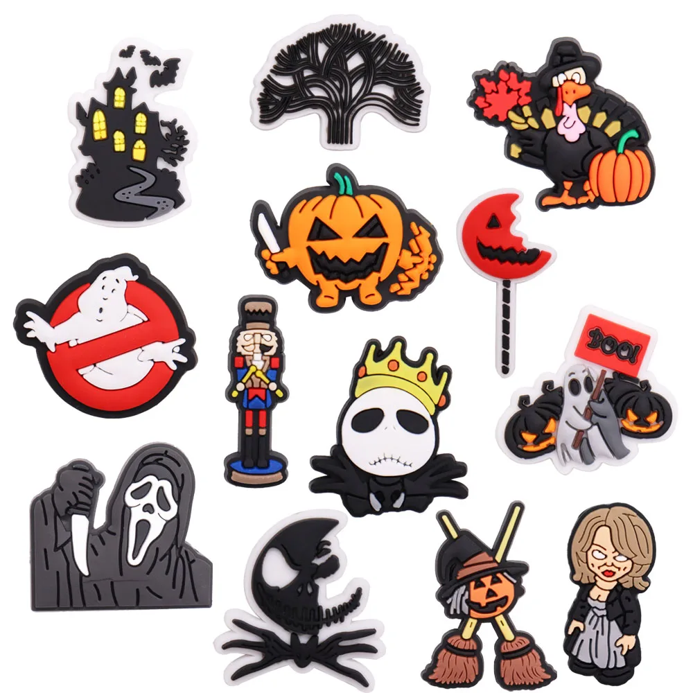 

13PCS PVC Cute Cartoon Shoe Charms Kawaii Ghost Crown Woman Pumpkin Knife Grim Reaper House Bat Broom Croc Jibz Buckle Ornaments