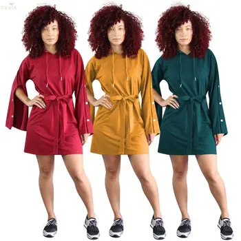 

Korean Dress Personality Buttoned Casual Dress Flared Sleeves Clubwear Solid Color Mini Dress With Belt Streetwear Hoodie Dress