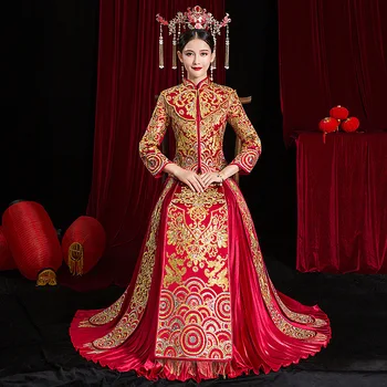 

Handmade beading Rhinestone Embroidery Ancient Bride Wedding Dress Retro Dress Chinese Cheongsam Dress Long Section Size S-XXL