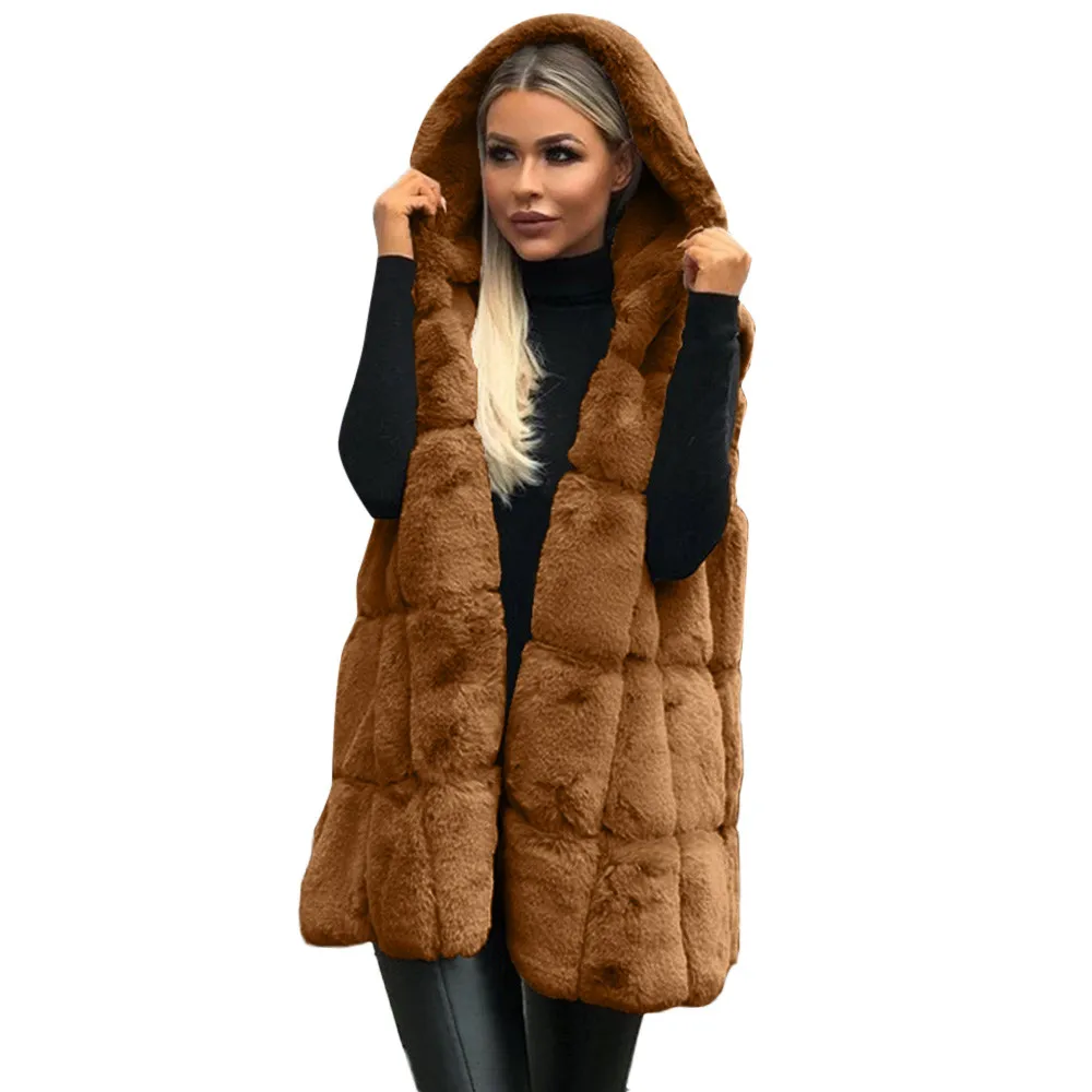 Женское пальто без рукавов с капюшоном, одноцветное пальто размера плюс, теплое длинное шерстяное пальто - Цвет: Brown