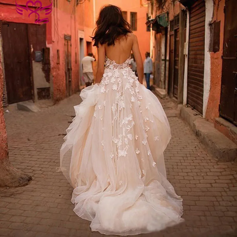 Vestidos de novia свадебное платье 3D цветы спагетти ремень линия спинки принцесса длинное Бохо длина пола свадебное платье