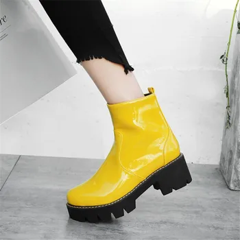 

Punk Leather Patent Combat Boots for Women Candy Color Purple Yellow Chunky Thick Heel
