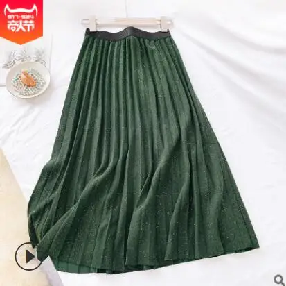 Qooth Skirt Spring Autumn Women's High Waist Pleated Solid Color Knitting Cotton Skirts Promotions Lady Black Skirt qh2018 - Цвет: green