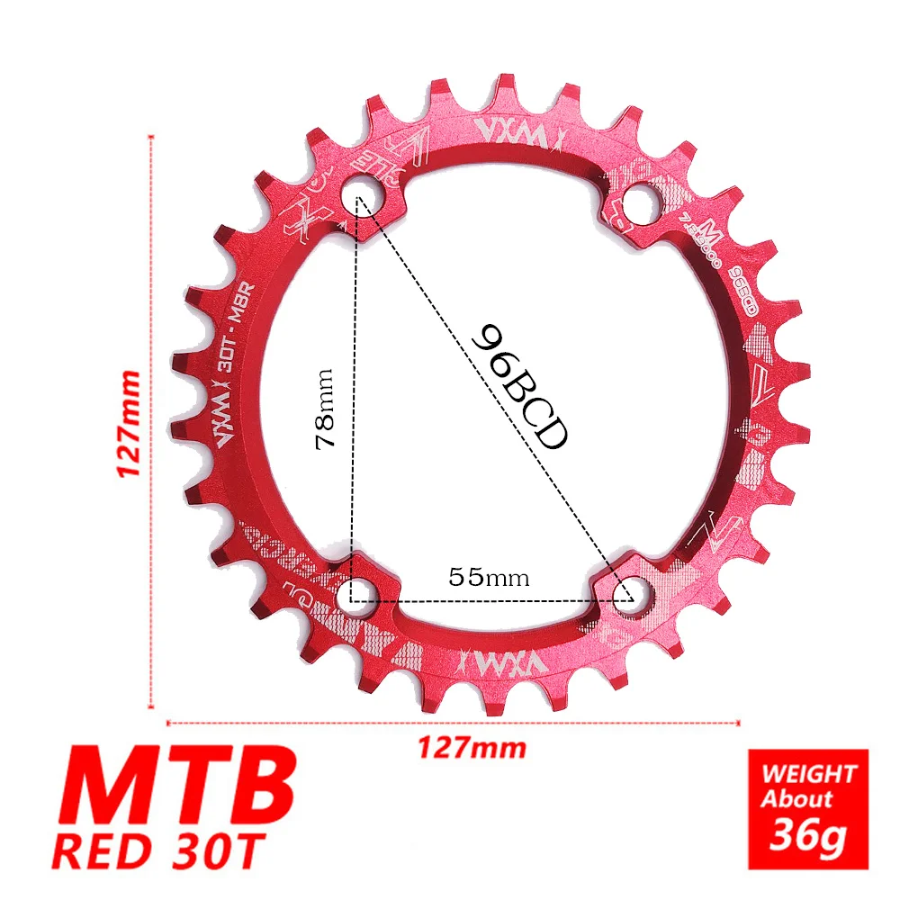 Велосипедный Кривошип 104BCD/96BCD MTB 30T бензопила из алюминиевого сплава узкая широкая цепь круглый бензопилой цикл запчасти для велосипеда - Цвет: 96BCD 30T Red