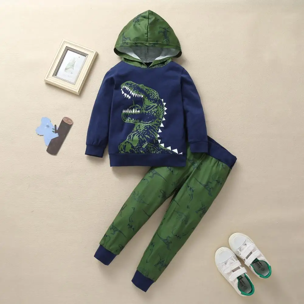 Пижамный комплект для маленьких мальчиков; детская толстовка с капюшоном; Хлопковая пижама с длинными рукавами с рисунком динозавра; сезон осень-зима; костюмы для малышей; Sui - Цвет: 2pcs green