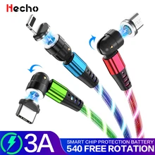 Cable de carga magnético de rotación de 540 grados, Samaung para iPhone, LED, Micro USB, tipo C, iluminación, cargador de teléfono móvil