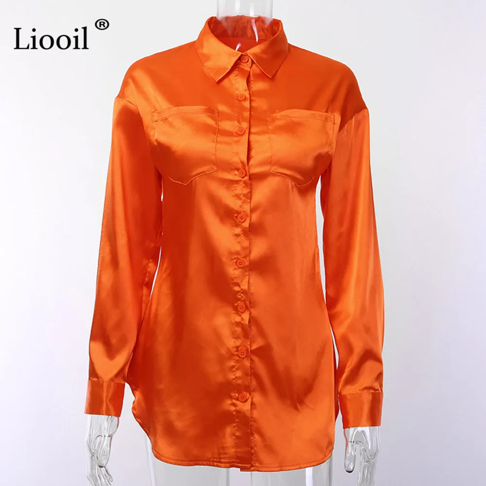 Liooil оранжевый атлас сексуальное мини-платье-рубашка с карманами осень длинный рукав кнопка вверх ремень короткие платья женские вечерние ночной клуб
