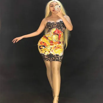 

Stage Dance Costumes Sexy Lace Gold Printed Pattern Rhinestones Dress Birthday Celebrate Outfit Women Singer Performance Dress