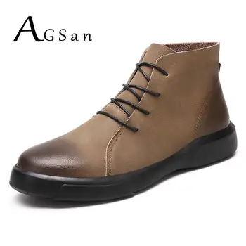 

AGSan Genuine Leather Men Boots Martin Boots Spring Summer Fashion Shoes Ankle Boots with Fur Big Size 38-47 Footwear Retro