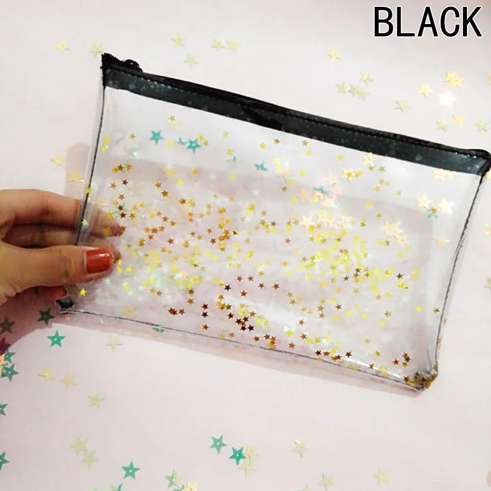 New Cute Transparent Glitter Stars Silica Gel PVC Plastic Water Proof Pencil Bag Pencil Case Cosmetic Bag School Supply - Цвет: BK