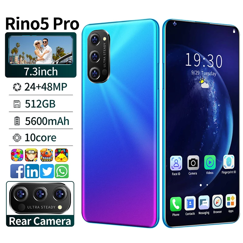 Rino 5 Pro 7.3 Inch  Smartphone FullScreen 5600mAh 10-core 128/256 GB 24 48MP Face ID 4G Smart Mobile Cell Phone Snapdragon 865