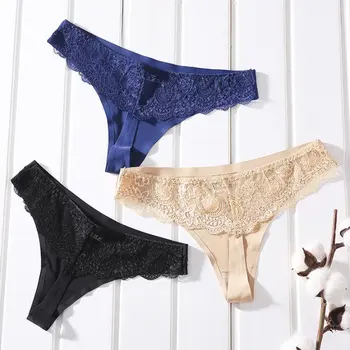 

Sexy Women Thong Ice Silk Panties Lace Underwear Briefs Low Waist Underwear G-Strings T Back Female Panties