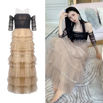 

New 2038 designer brands julia20ss black stitching cafe color white gauze fold agaric cascading diamond