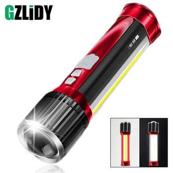 

Multi-function LED Flashlight USB Rechargeable Torch with Side Light Zoomable Super Bright Camping Light Can Charge Mobile Phone