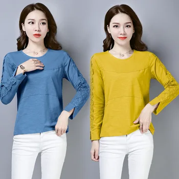 

2019 Autumn Slim Fit Big Code Fat Mm Top Bamboo Knot Cotton Lace Long Sleeve T Shirt Backing Shirt Women's Wear