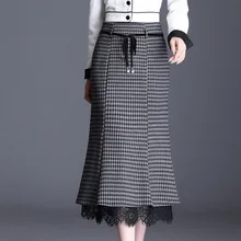 Женская шерстяная клетчатая юбка, женские модные юбки,, для путешествий, высокая талия, юбка русалки, кружевная, соединяющаяся, осенняя, женская, s