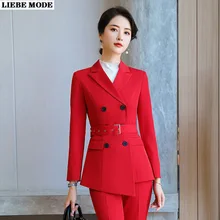 Costume d'affaires pour femmes, Blazer à ceinture à Double boutonnage et pantalon, couleur unie, noir, rouge, tenues formelles pour femmes, tenue de travail de bureau, costumes 