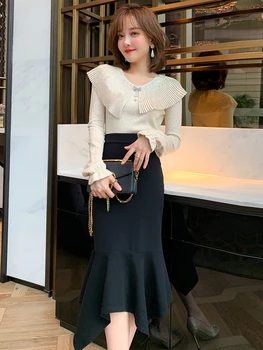 

Hot Rhinestone Pleated Ruffle Slim Knit + Irregular Fishtail Half Skirt Set 2020 Autumn
