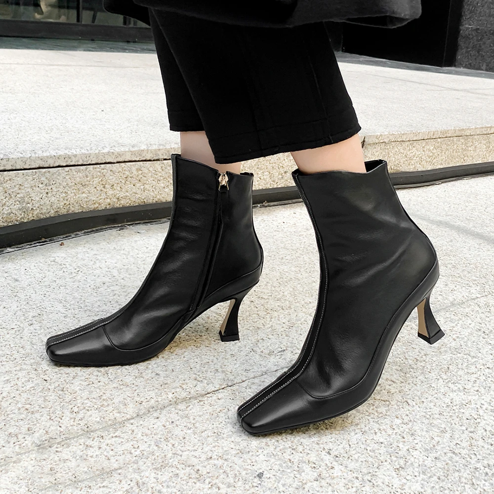 

Plus Size 34-43 Genuine Leather Winter Square Toe Ankle Boots Women Zipper Boots 2020 New Booties Ladies High Heels Shoes Woman