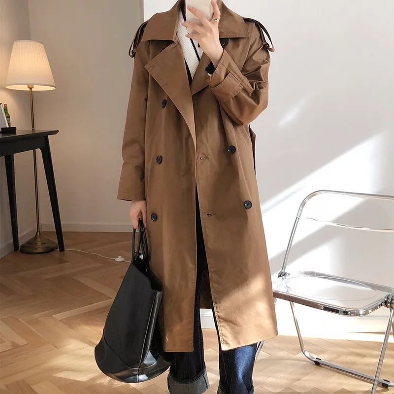 Women Casual Solid Color Trench Coat Fashion Woman Clothes Vintage Trench Femme Autumn Casual Long Coat With Belt Chic Overcoat