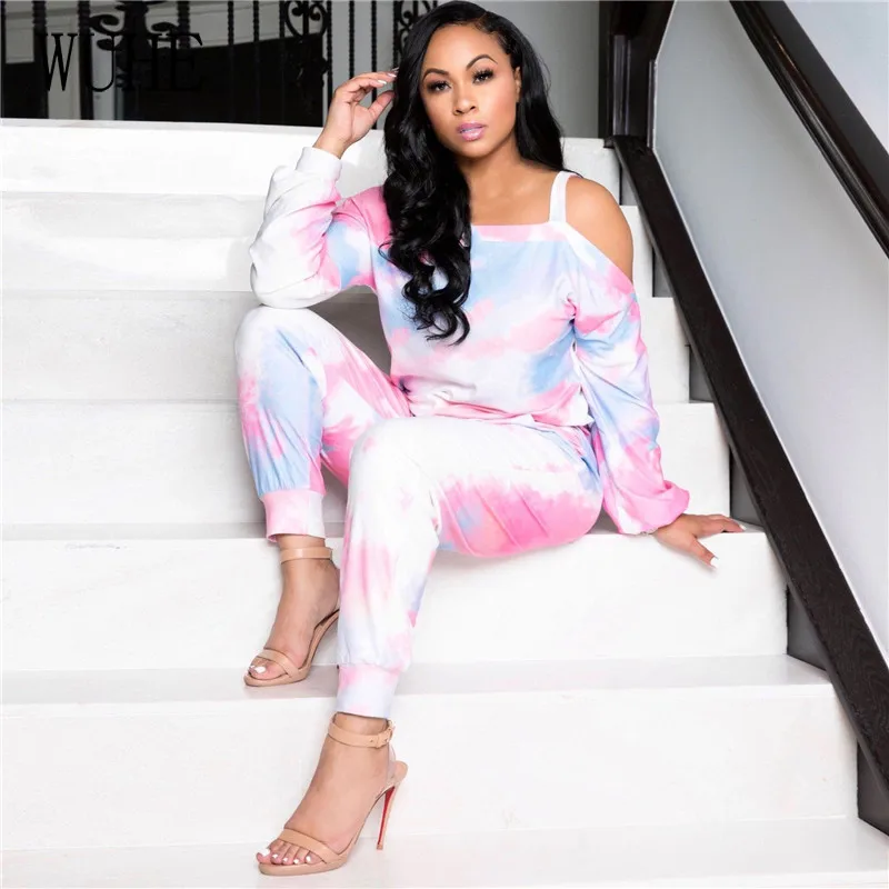

WUHE Two Piece Set Tie Dye Print Spaghetti Strap Long Sleeve Tops Jogger Pants Suit Tracksuit Autumn Winter Womens Clothing
