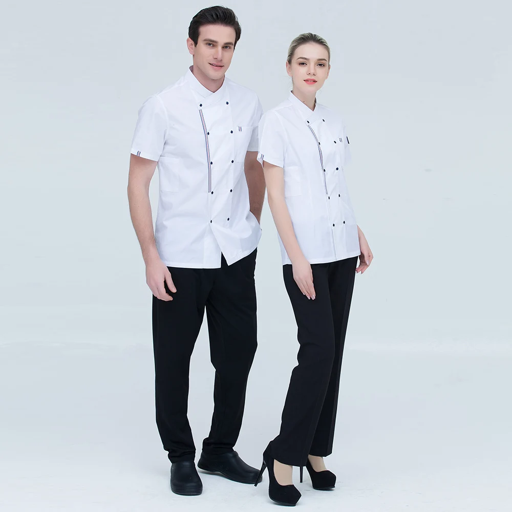 Unisex Casual Soft Chef Jackets Short Sleeve Oblique Collar Double Breasted Kitchen Catering Restaurant Food Serive Work Uniform