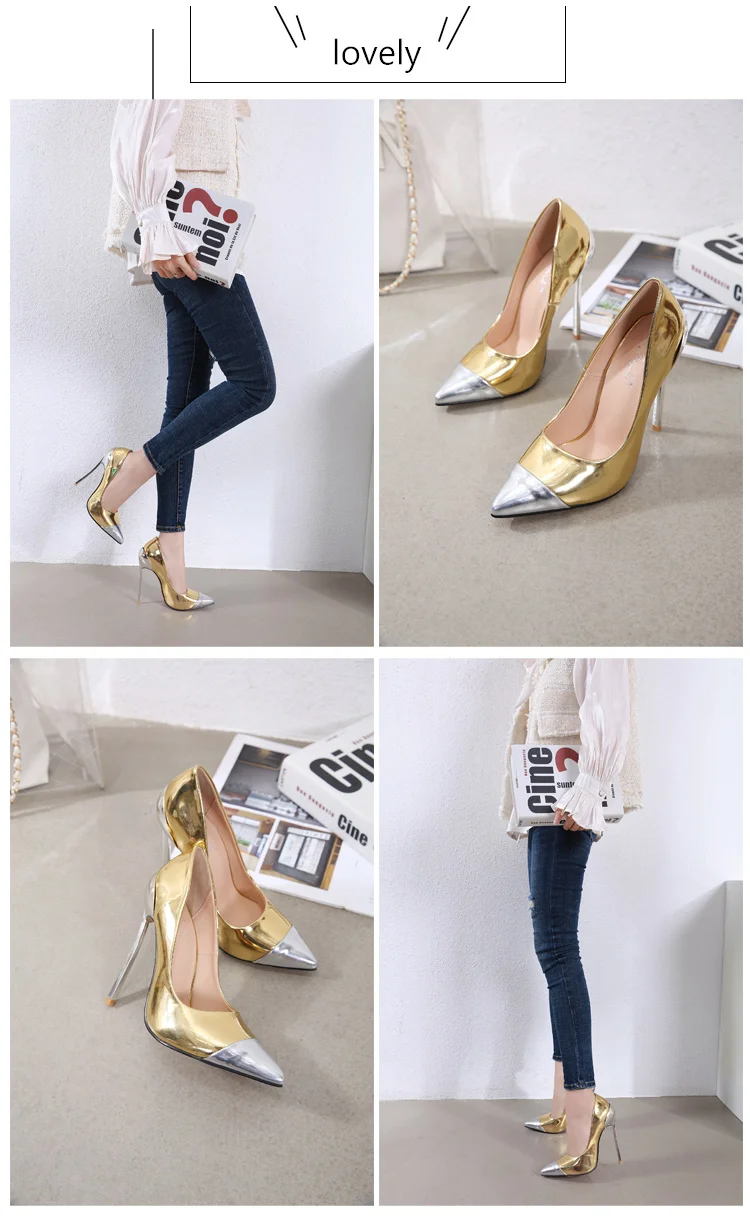 Sexy High Heels Shoes Women Gold Patchwork Slip on Pumps Fashion Pointed Toe Slides Big Size Zapatos Mujer Slip on Stiletto