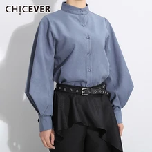 CHICEVER, Корейская Повседневная синяя рубашка для женщин, воротник-стойка, рукав-фонарик, свободные женские блузки, осенняя мода, новинка, одежда