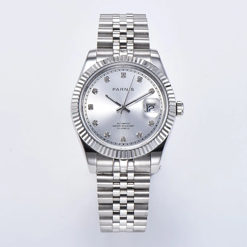 

Parnis 39.5mm Silver Dial Automatic Mechanical Men's Watches Calendar Diamond Scale Miyota 8215 Movement Men Watch luxury brand