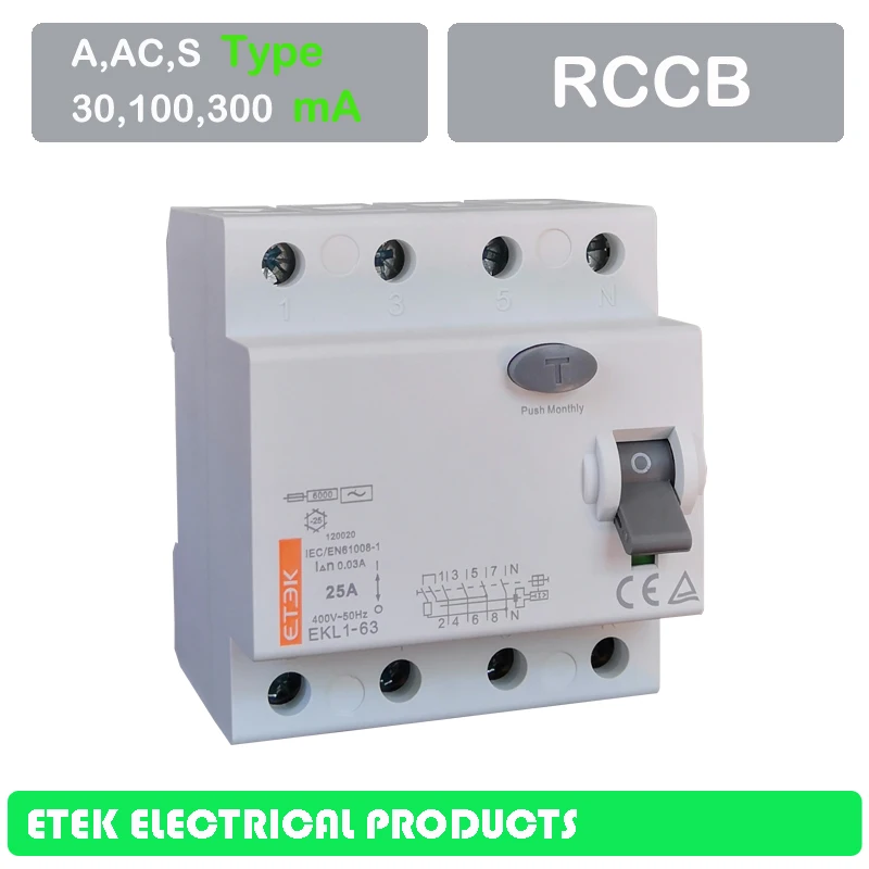 RCCB EKL1-63 4 P 30MA 100MA 300MA переменного тока Тип 400/415 V ~ 50 Гц/60 Гц остаточный ток выключателя 16A 25A 32A 40A 50A 63A 80A