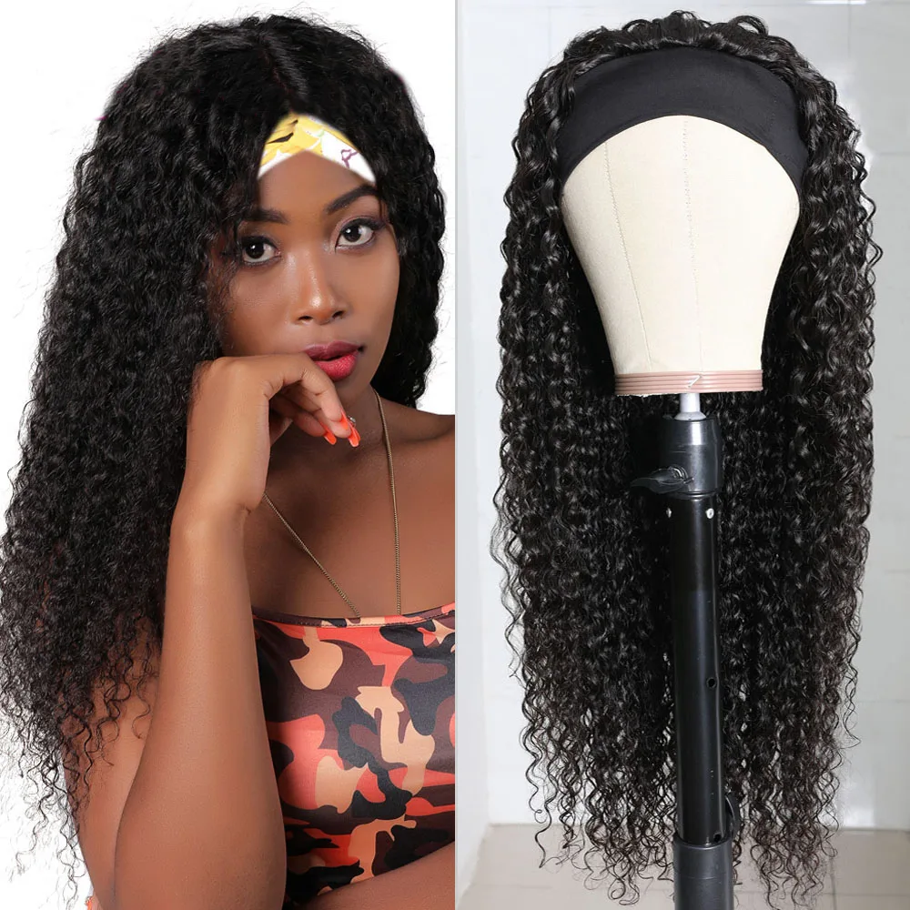Peruca de Cabelo Humano sem Cola Natural para as Mulheres Kinky Encaracolado Metade Perucas Mongol Remy Cachecol Peruca Bandana Máquina Cheia Preto 3 - 4 2 cabelo humano remy mongol cachecol sem cola