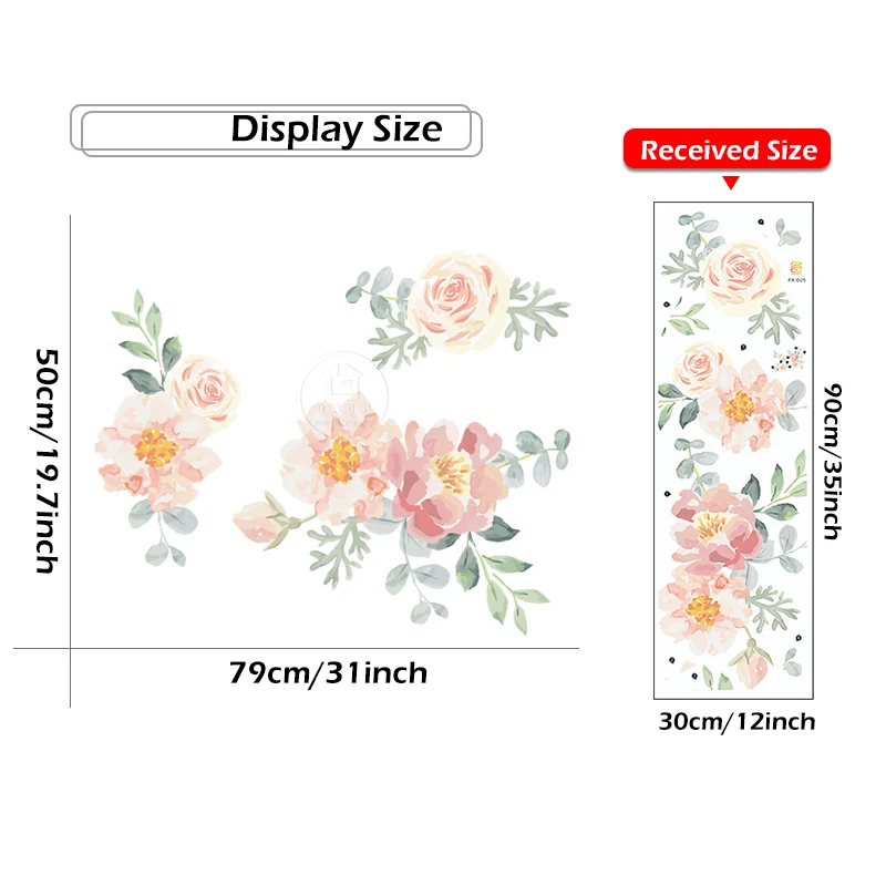 Hand Paint Watercolor Flowers Wall Stickers Peony Rose Green Leaves Wall Decals for Baby Nuresery Living Room Bedroom Decor PVC